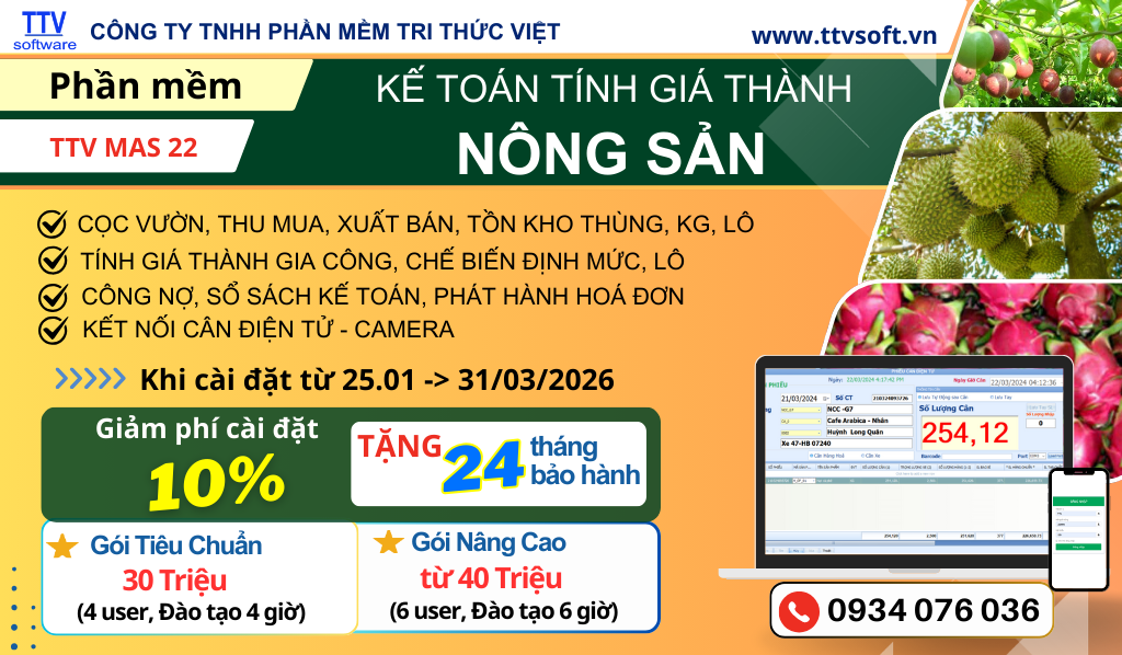 Ưu đãi giảm phí cài đặt khi triển khai phần mềm kế toán, tính giá thành nông sản